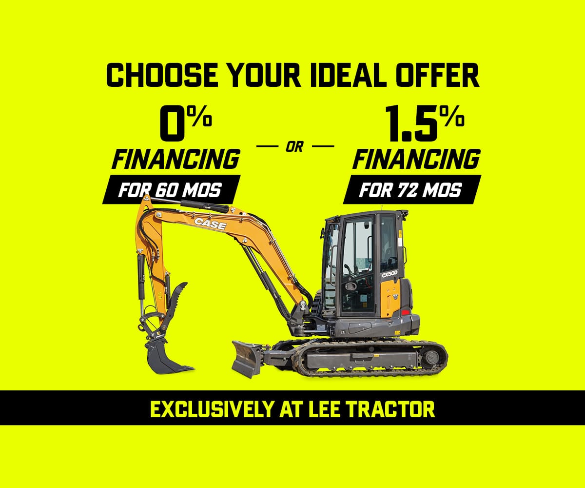 0% for 60 months or 1.5 for 72 months on the CASE CX50D Mini Excavator.