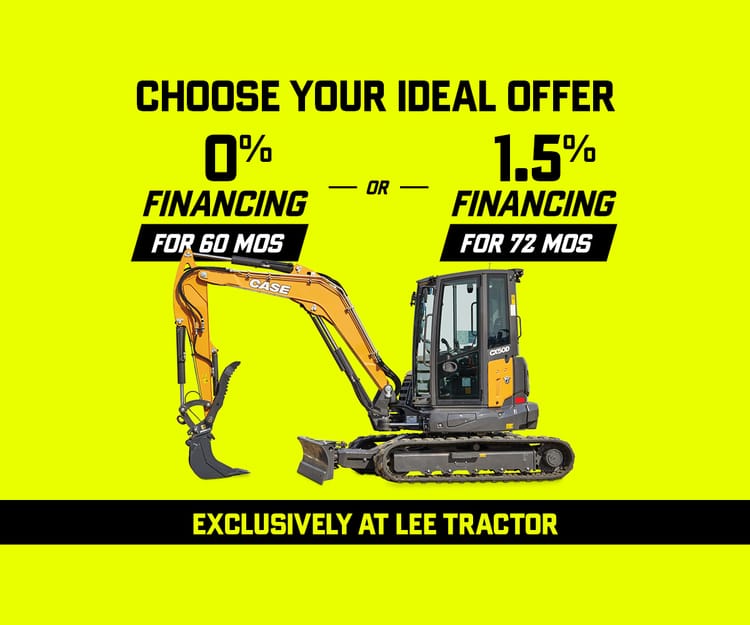 0% for 60 months or 1.5 for 72 months on the CASE CX50D Mini Excavator.